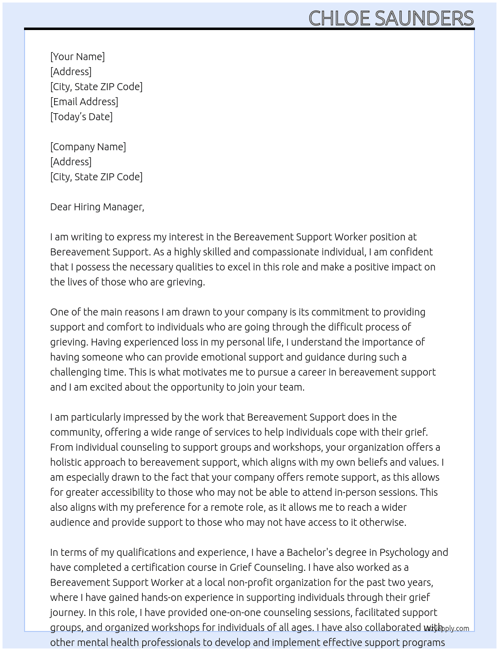 Bereavement Support Worker At Bereavement Support Cover Letter