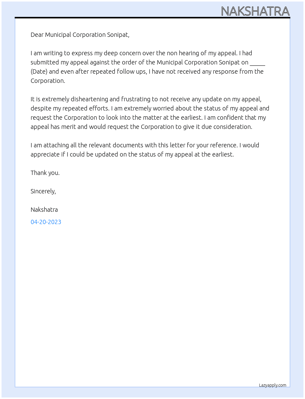 Greivance At non hearing of appeal Cover Letter