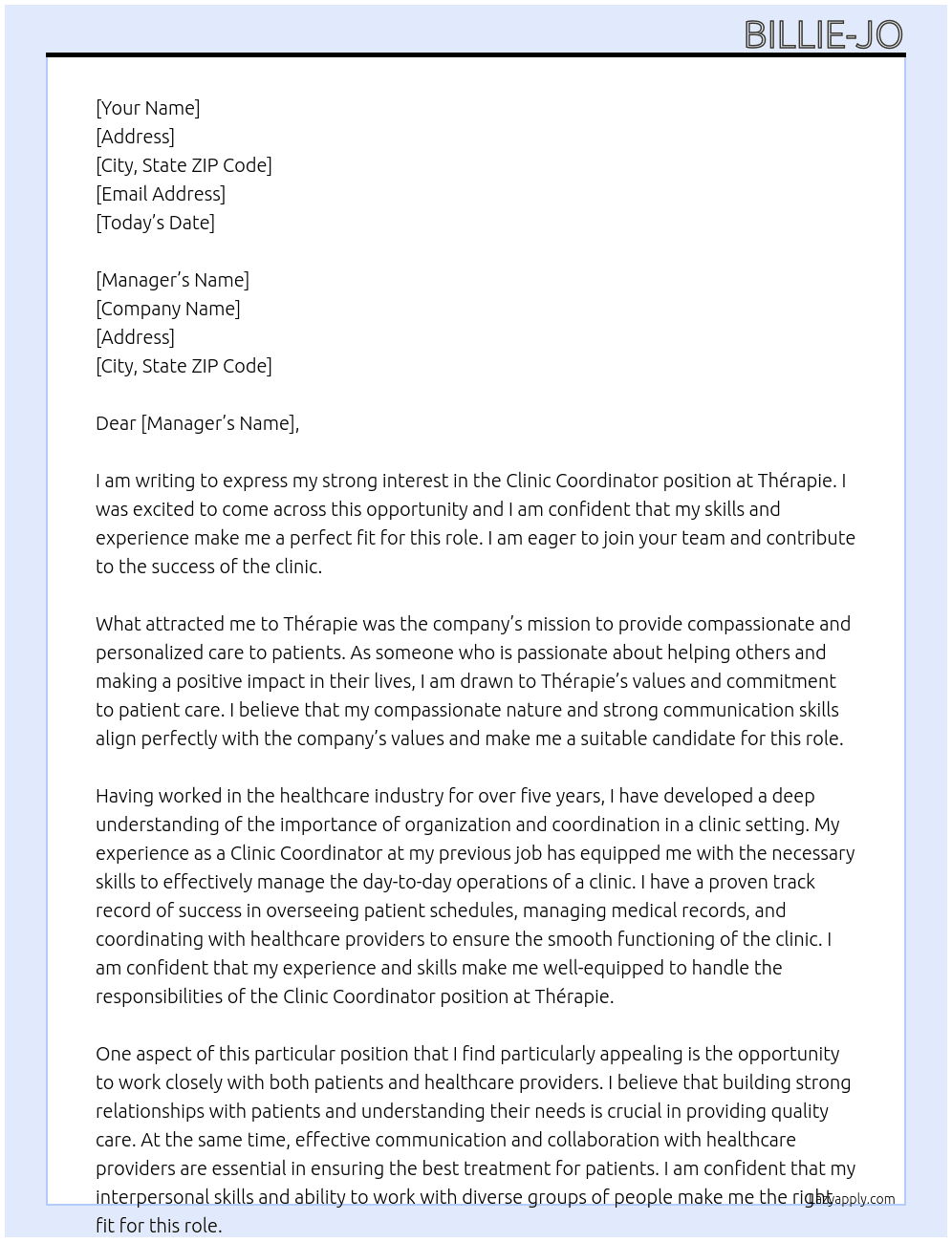 Clinic Coordinator  At Thérapie  Cover Letter