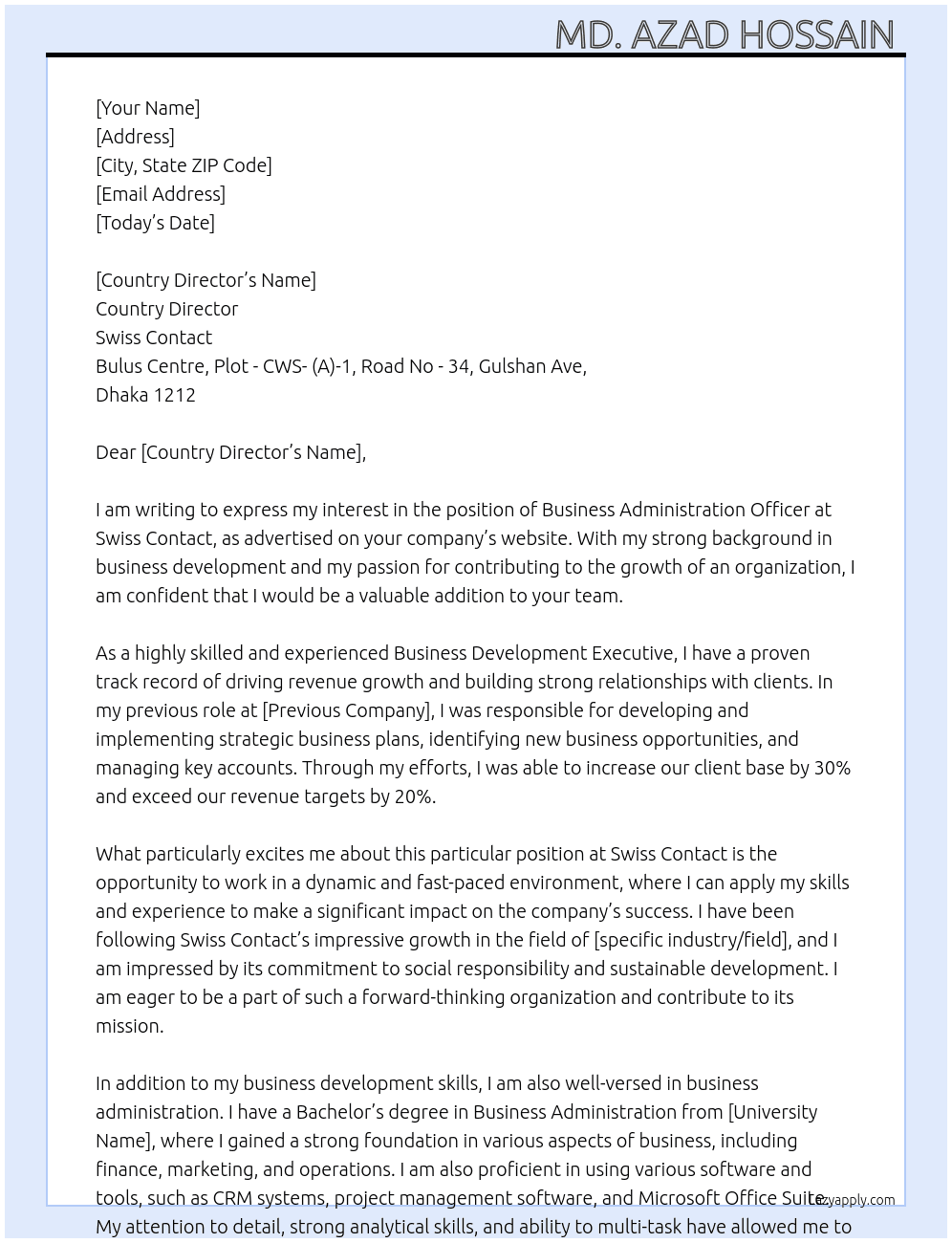 Application for Business Administration Officer At Swiss contact Cover Letter
