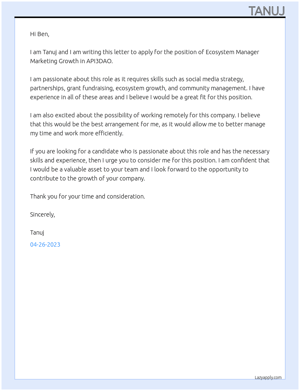 Ecosystem Manager Marketing Growth At API3DAO Cover Letter