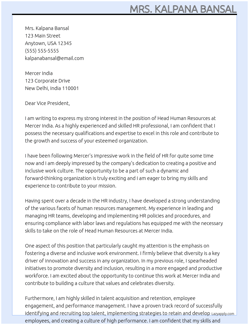 Head Human Resources At Mercer India Cover Letter