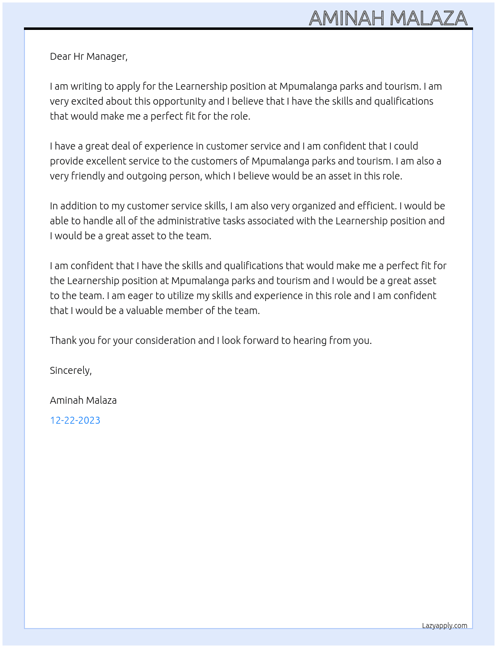 Learnership  At Mpumalanga parks and tourism  Cover Letter