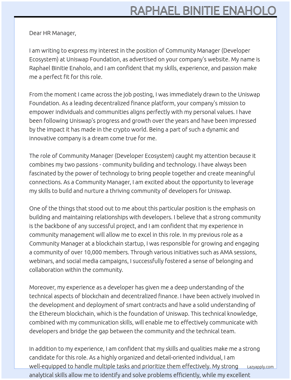 Community Manager( Developer Ecosystem ) At Uniswap foundation Cover Letter