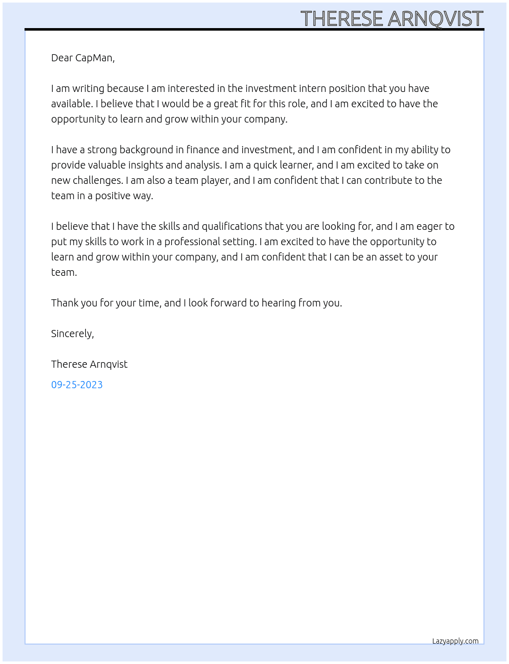 Investment intern At CapMan Cover Letter