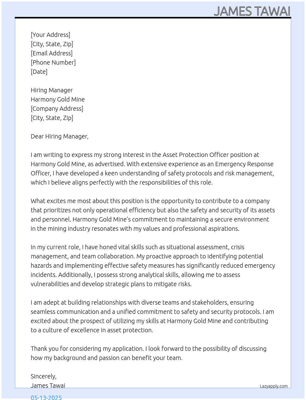 Cover letter for emergency response officer applying for asset protection officer - LazyApply