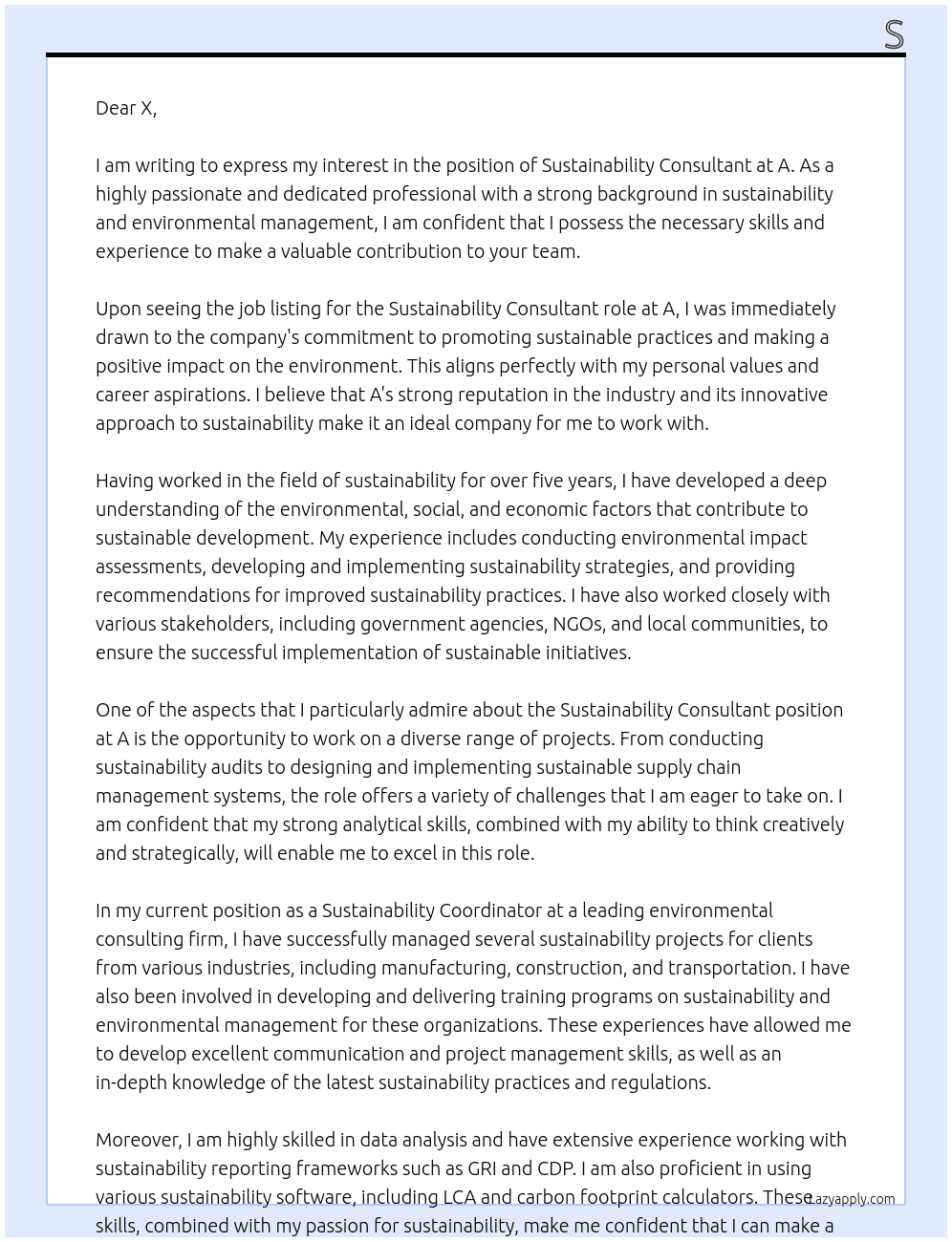 Sustainability Consultant  At a Cover Letter