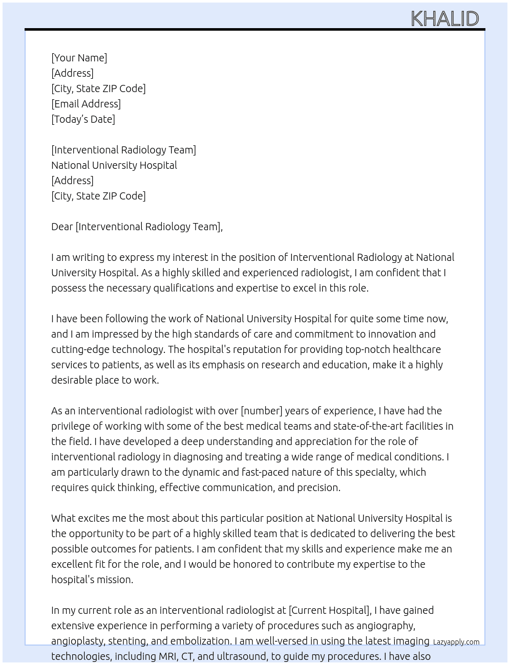 Interventional radiology  At National university hospital Cover Letter