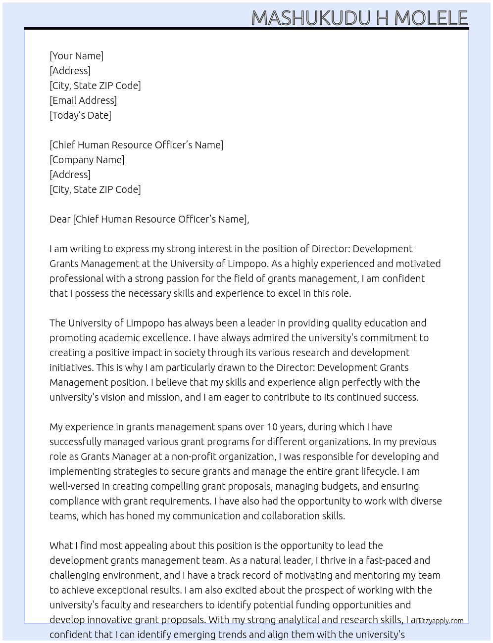 DIRECTOR: DEVELOPMENT GRANTS MANAGEMENT At University of Limpopo Cover Letter