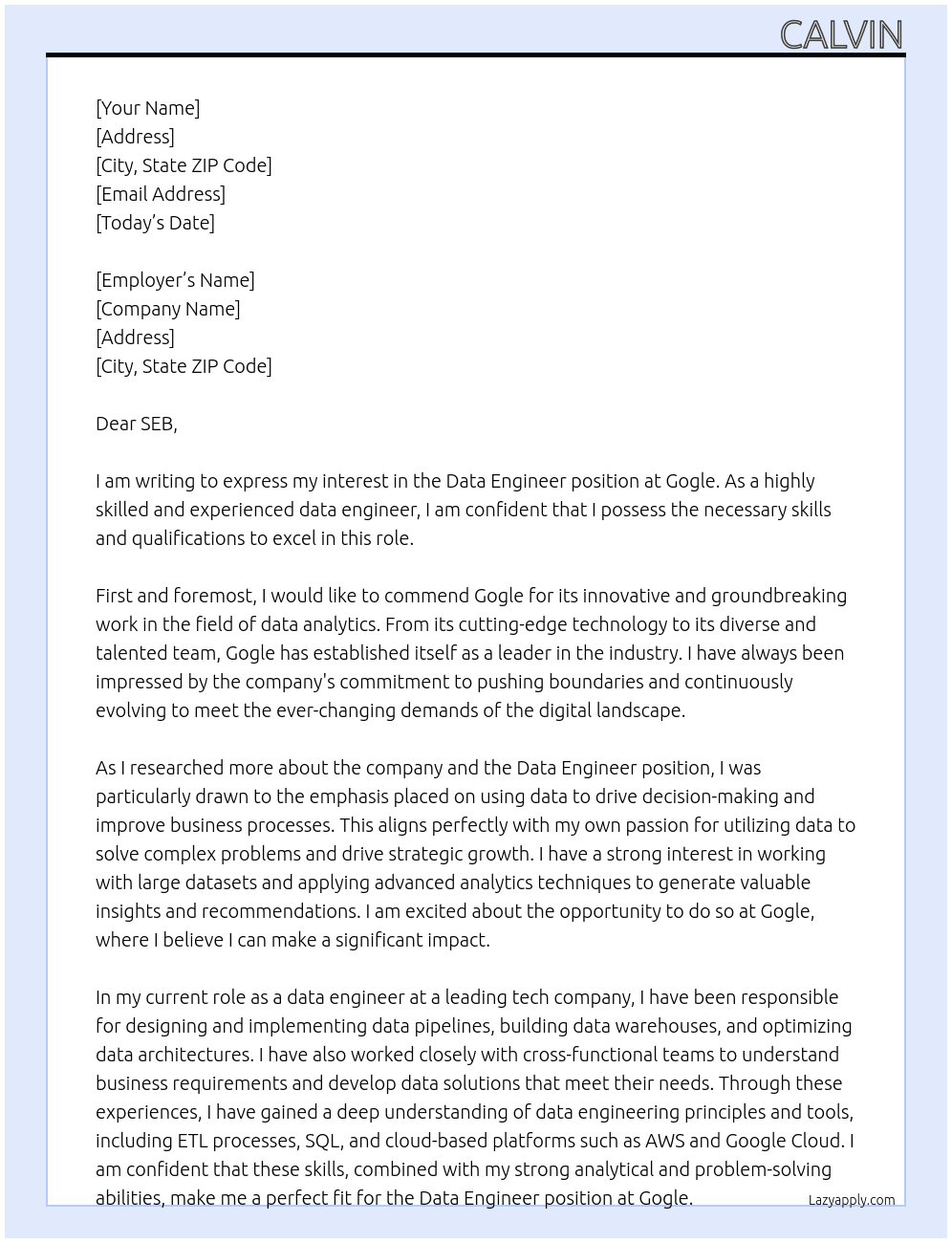 Data Engineer At Gogle Cover Letter