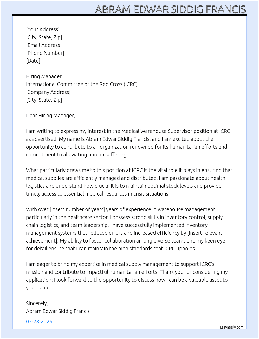 Medical warehouse supervisor At ICRC Cover Letter