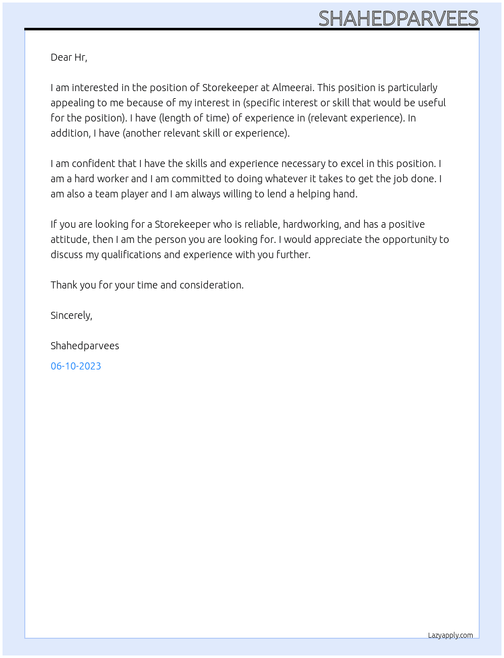 Storekeeper At Almeerai Cover Letter