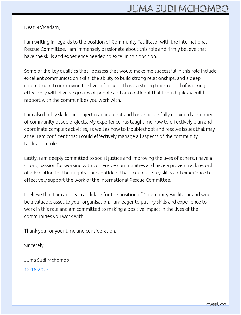 community facilitator At international Rescue committee Cover Letter
