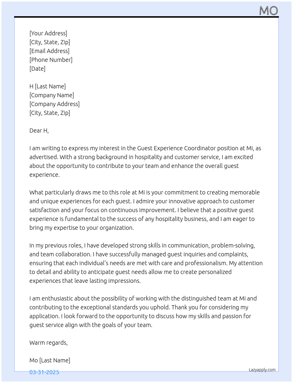 Cover letter for guest experience coordinator - LazyApply