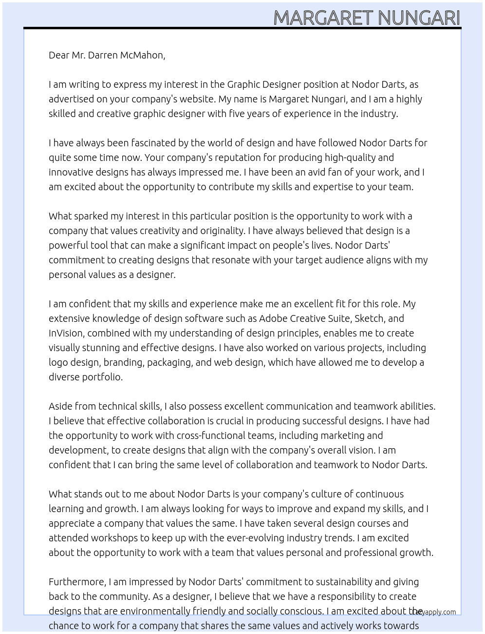 Graphic Designer At Nodor Darts Cover Letter