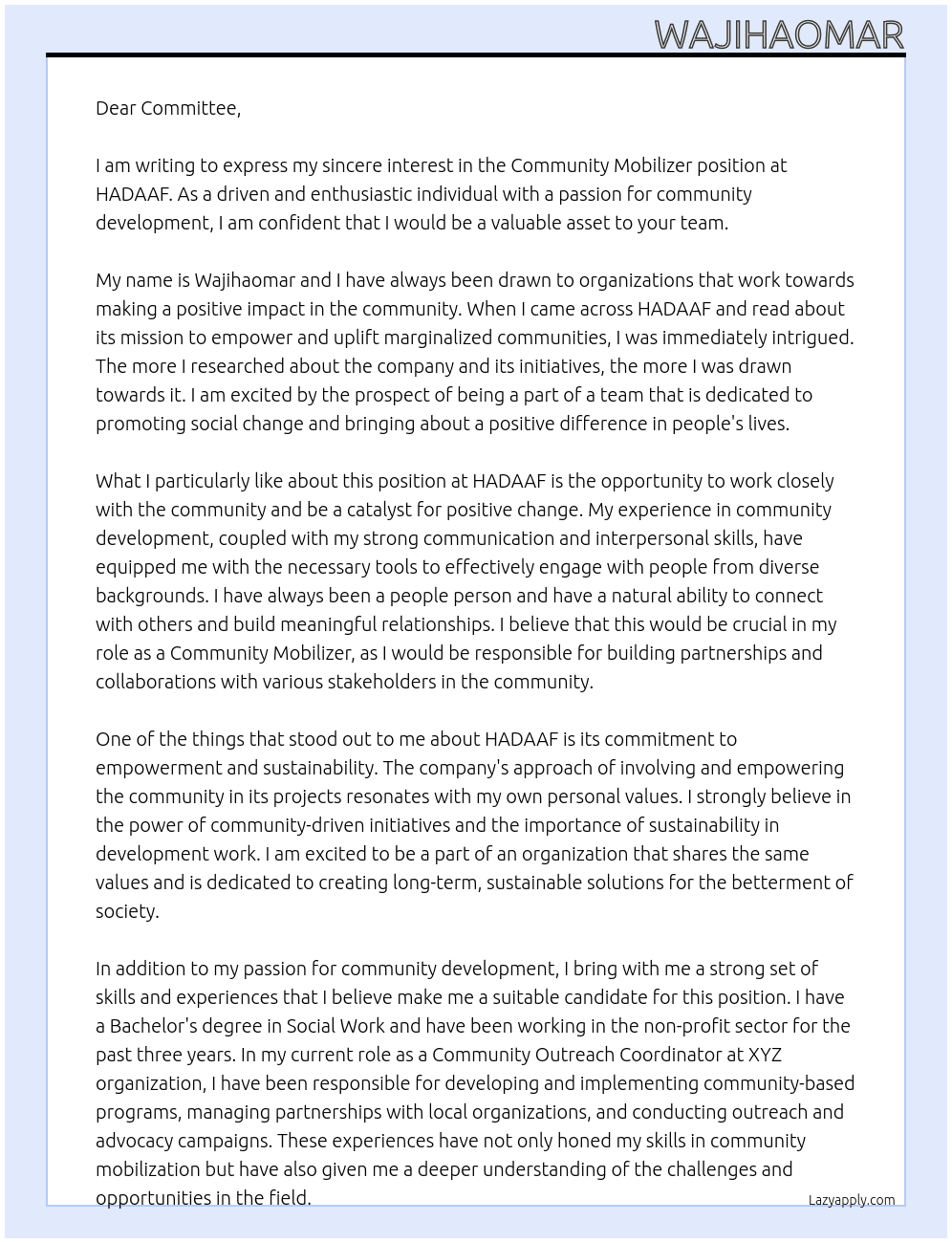 Community mobilizer At HADAAF Cover Letter