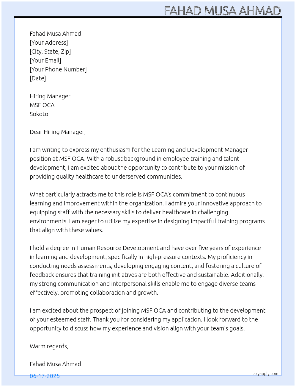 Learning and Development Manager At MSF OCA, Sokoto Cover Letter