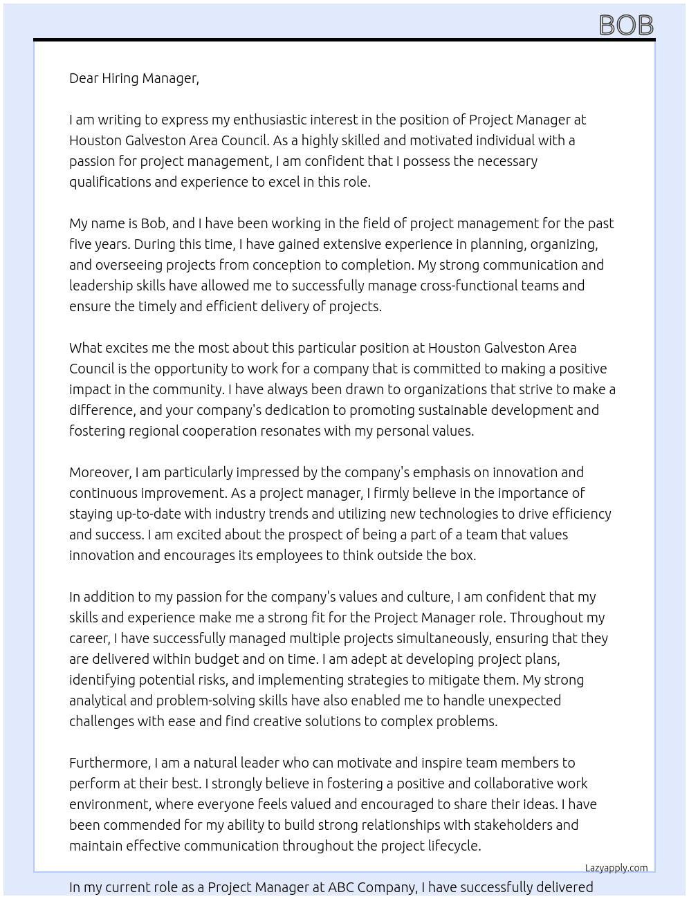 project manager At houston galveston area council Cover Letter