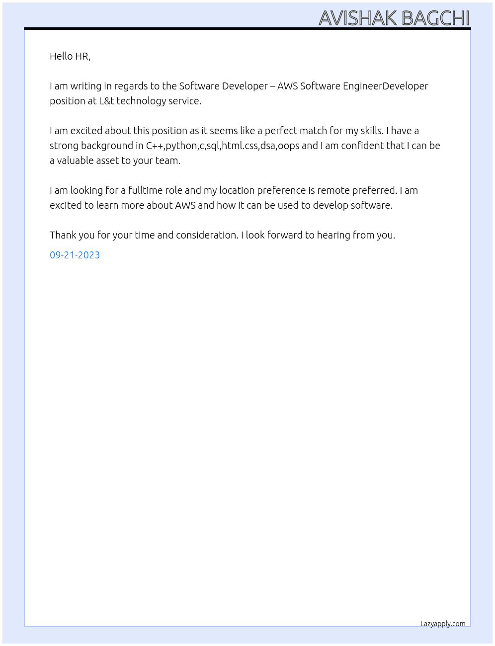 Software Developer – AWS Software EngineerDeveloper At L&t technology service Cover Letter