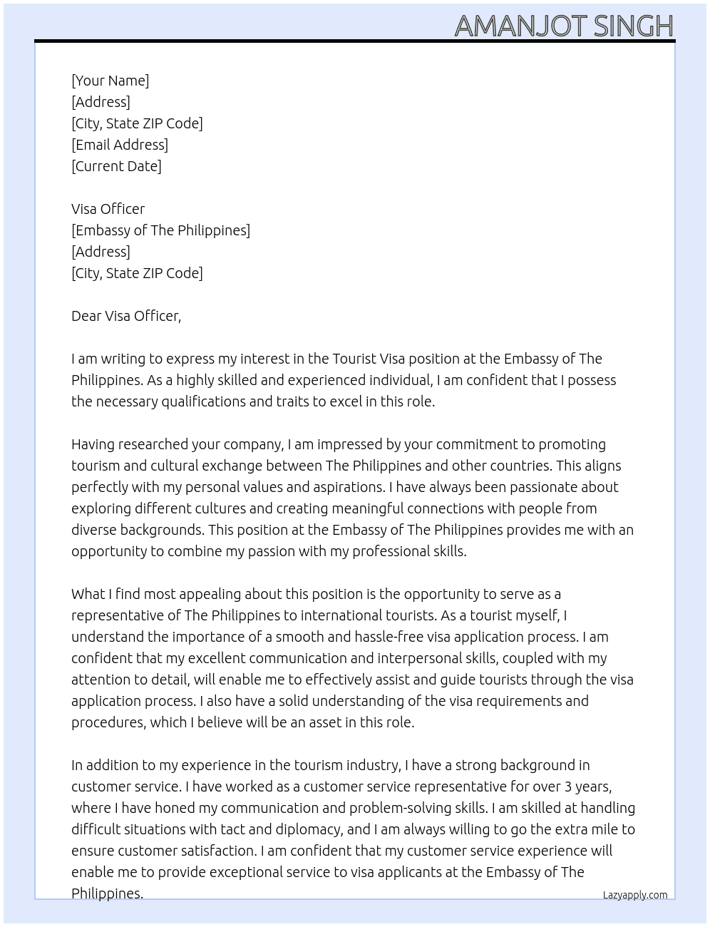 Tourist Visa At Embassy of The Philippines  Cover Letter
