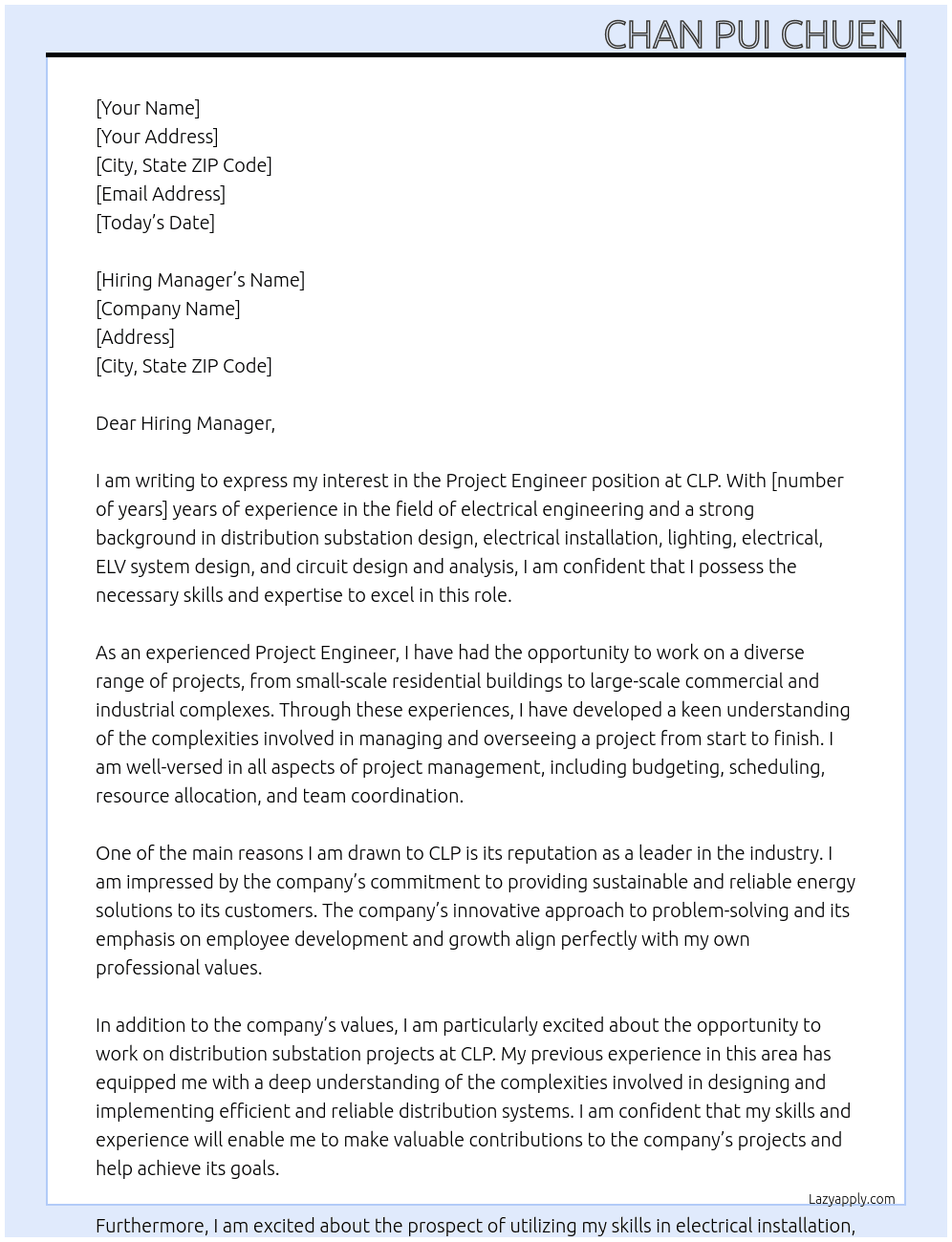 Project Engineer At CLP Cover Letter