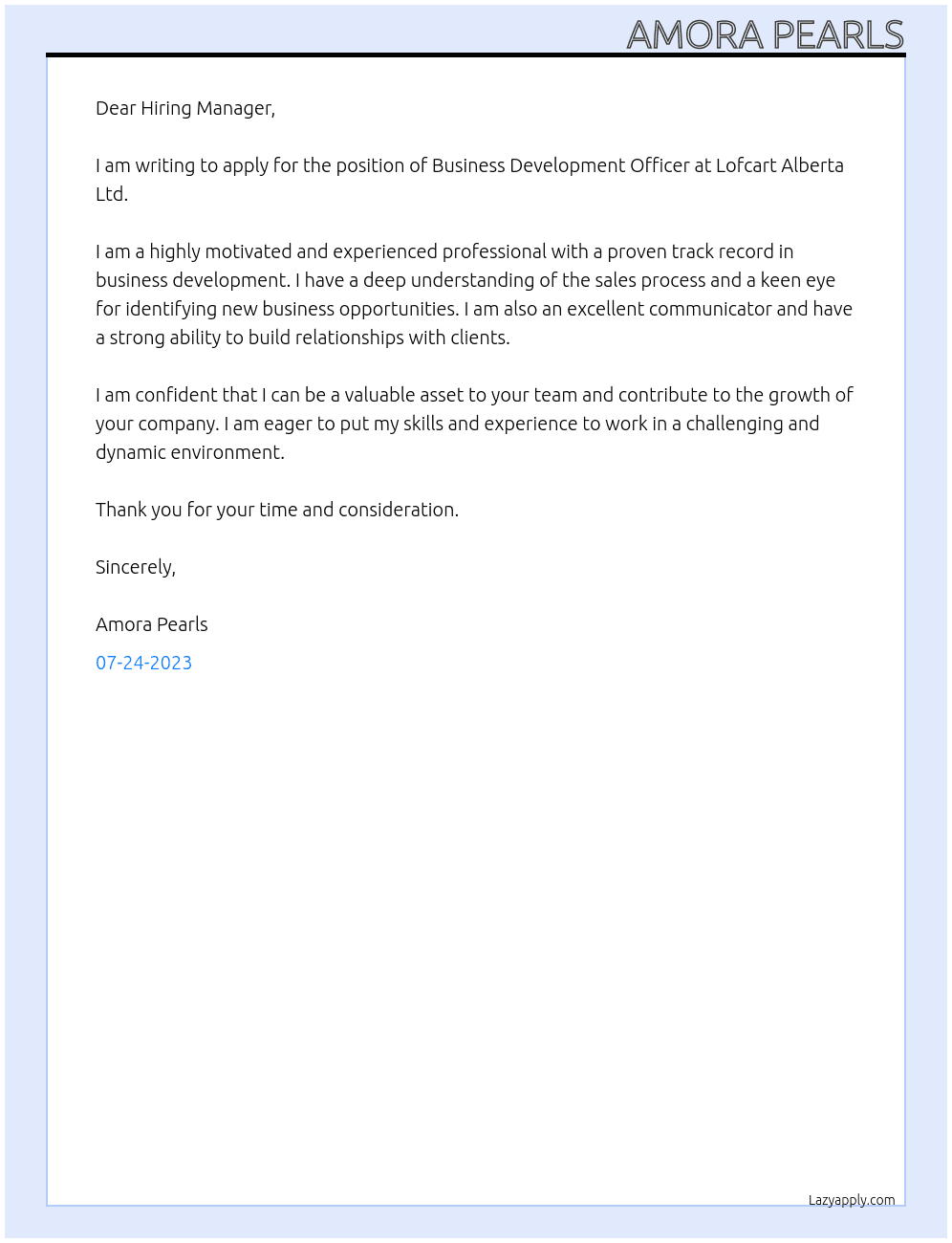 business development officer At Lofcart Alberta Ltd Cover Letter
