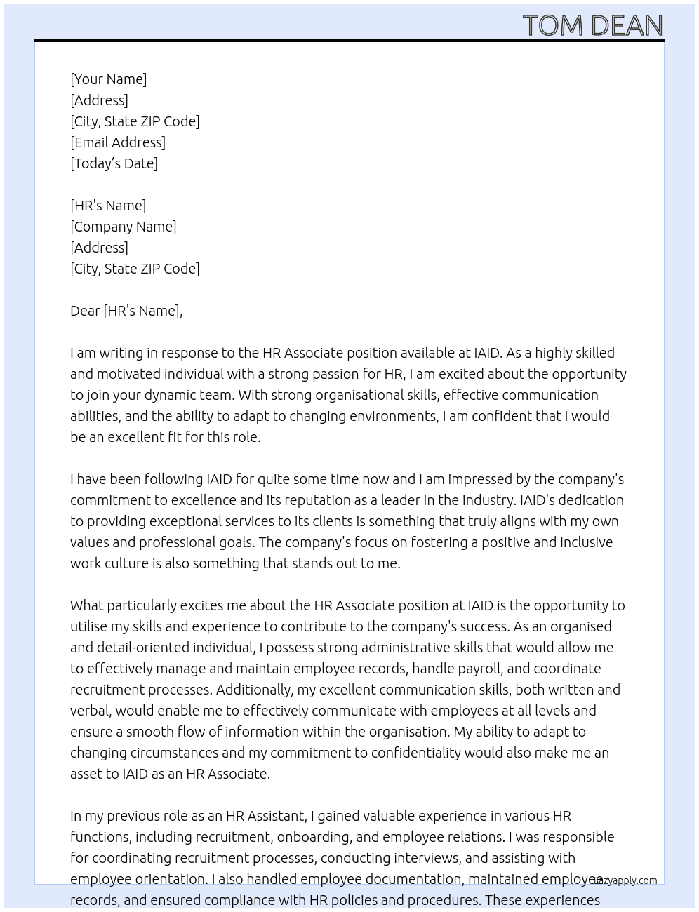 HR Associate  At IAID  Cover Letter