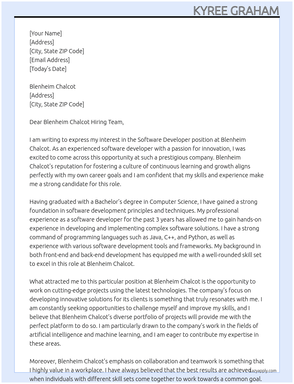 software developer At Blenheim Chalcot Cover Letter