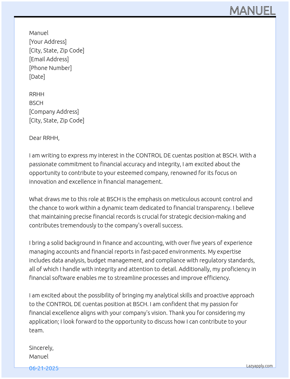 CONTROL DE cuentas At BSCH Cover Letter