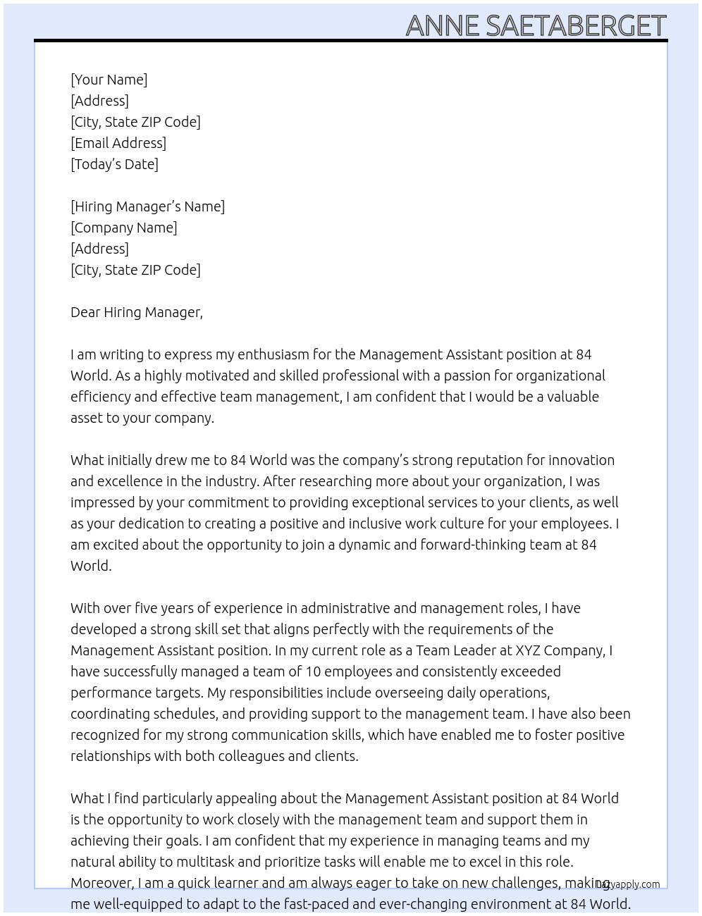 Management Assistant At 84 World Cover Letter