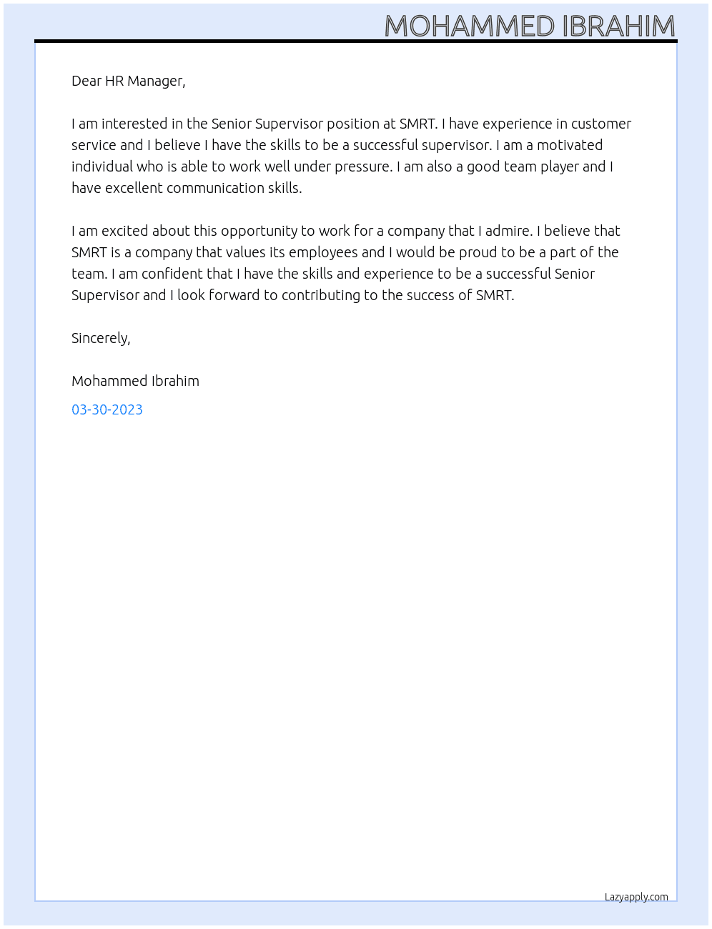 Senior Supervisor At SMRT Cover Letter