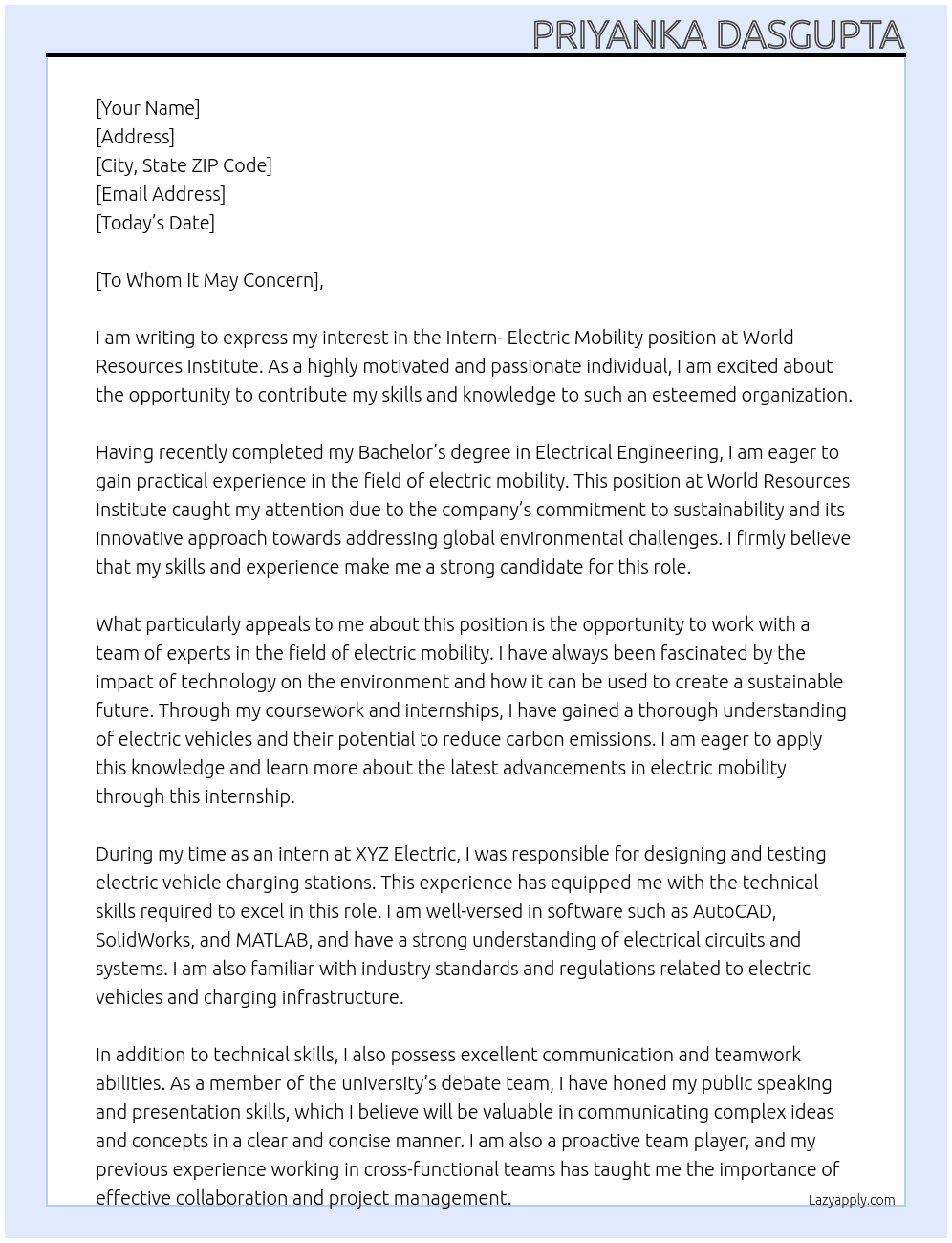 Intern- Electric Mobility At World Resources Institute Cover Letter