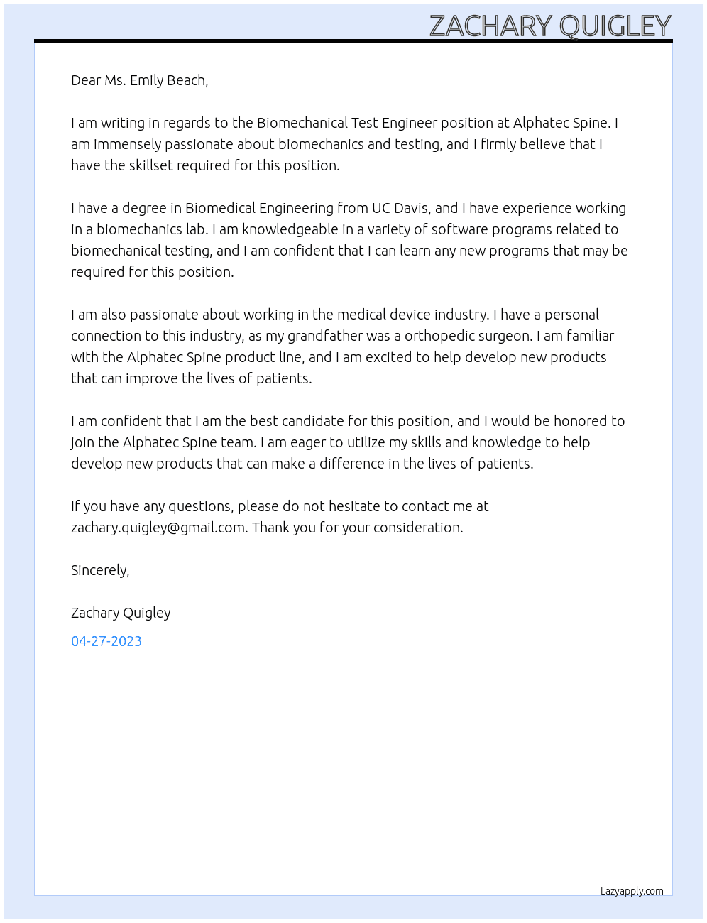 Biomechanical Test Engineer At Alphatec Spine Cover Letter