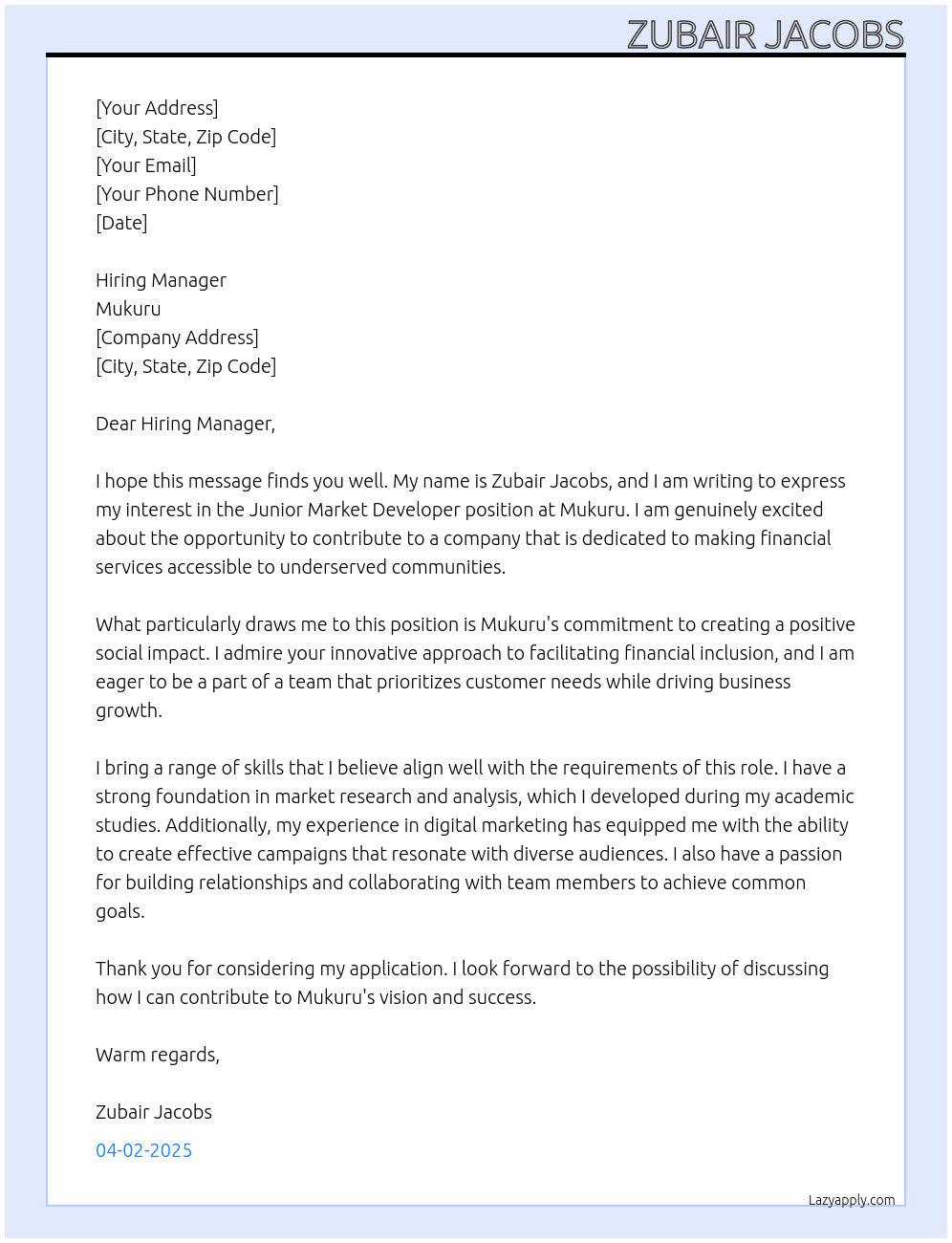 Junior market developer  At Mukuru Cover Letter