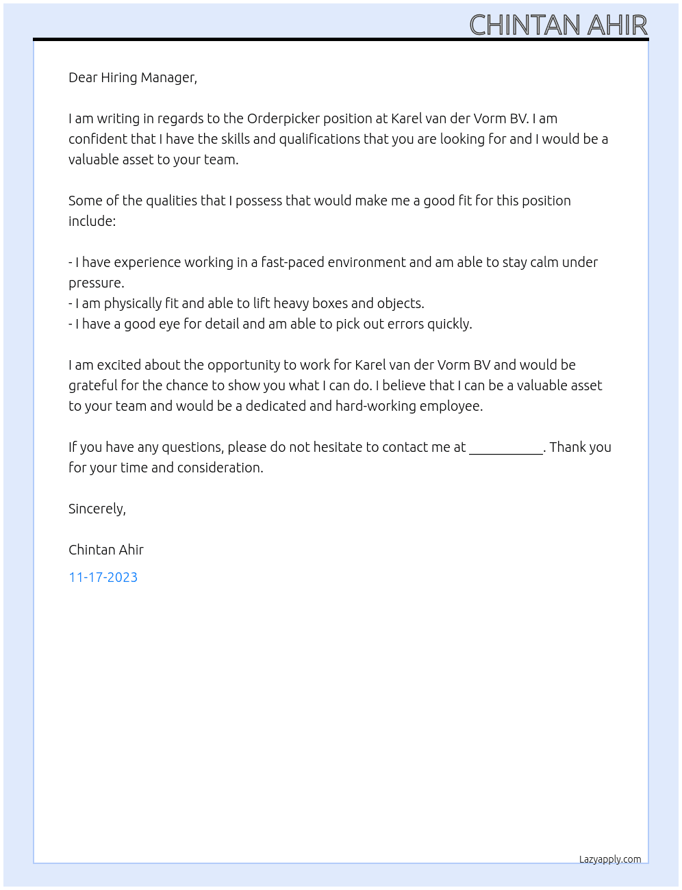 Orderpicker At Karel van der Vorm BV Cover Letter