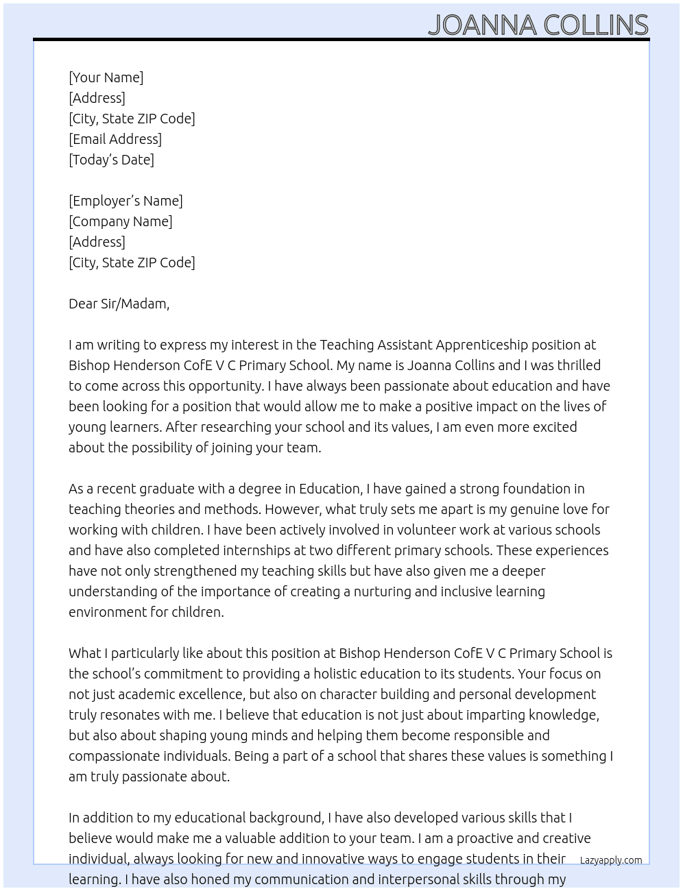 Teaching Assistant Apprenticeship At Bishop Henderson CofE V C Primary School Cover Letter