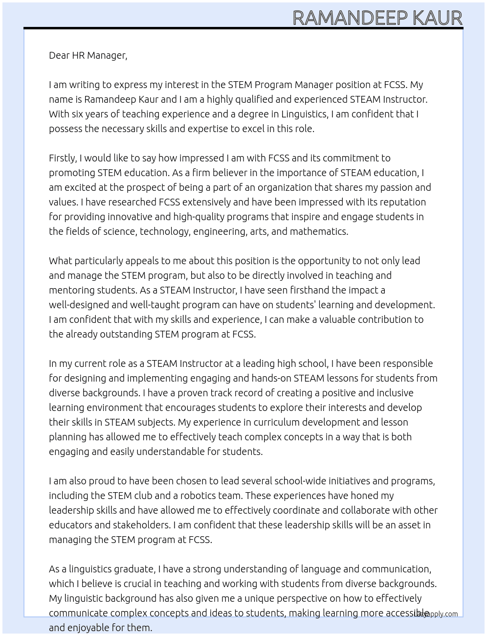 STEM Program Manager At FCSS Cover Letter