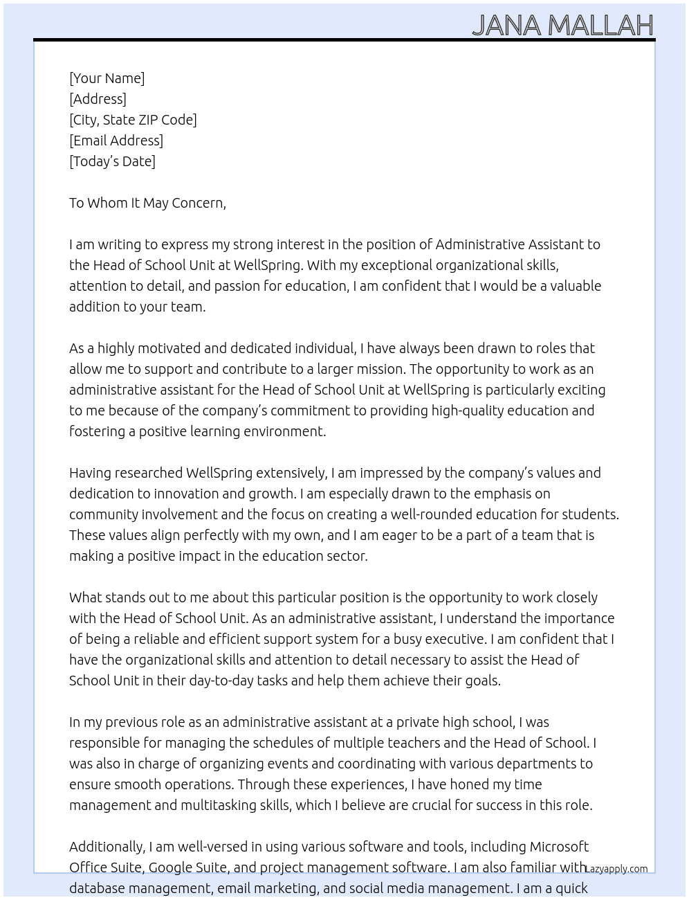 Administrative Assistant to the Head of School Unit  At WellSpring Cover Letter