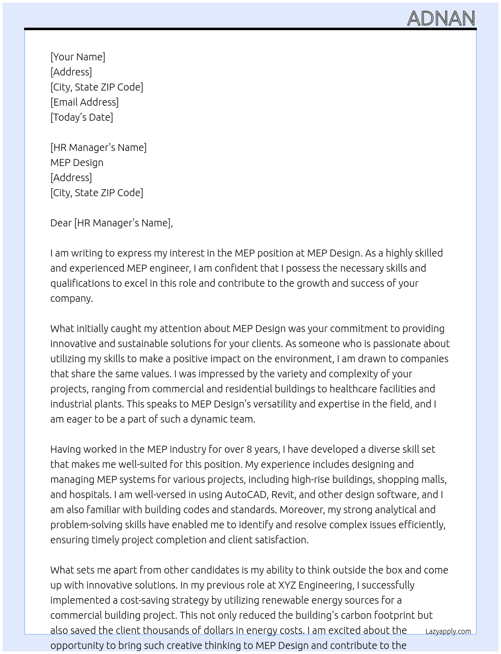 mep At mep design Cover Letter