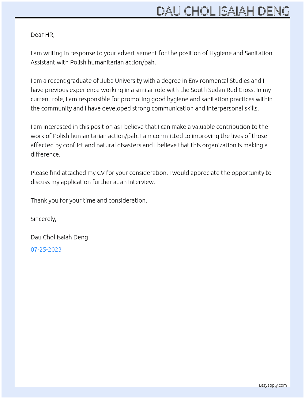 Hygiene and Sanitation Assistant At Polish humanitarian action/pah Cover Letter