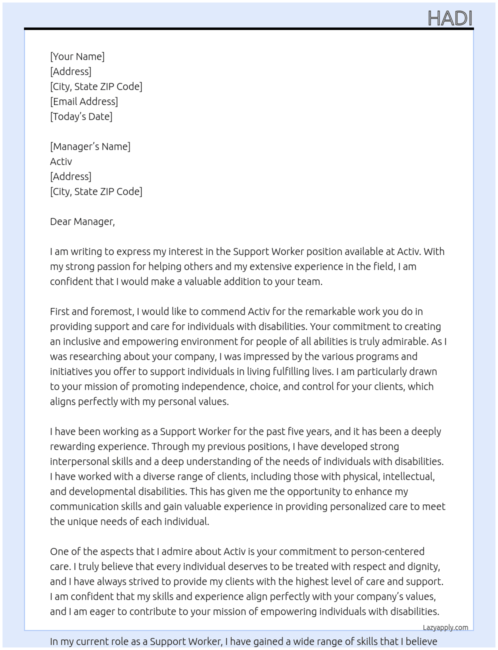 Support Worker At Activ Cover Letter