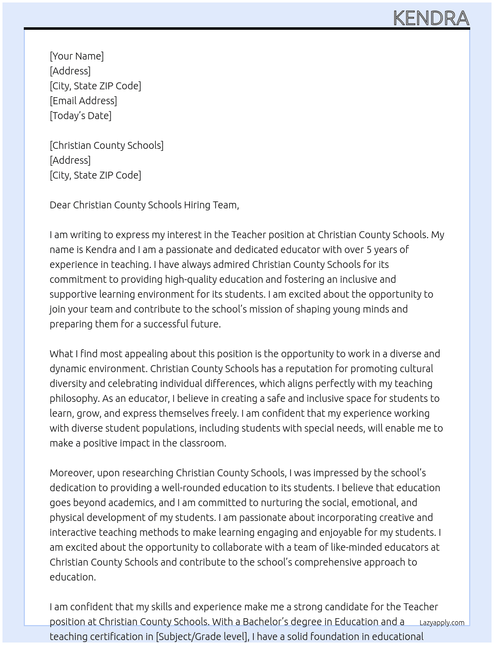 teacher At christian county schools Cover Letter