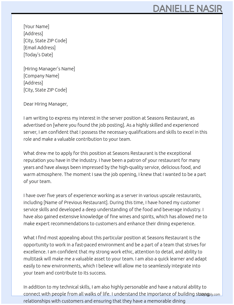 server At Seasons Restaurant Cover Letter