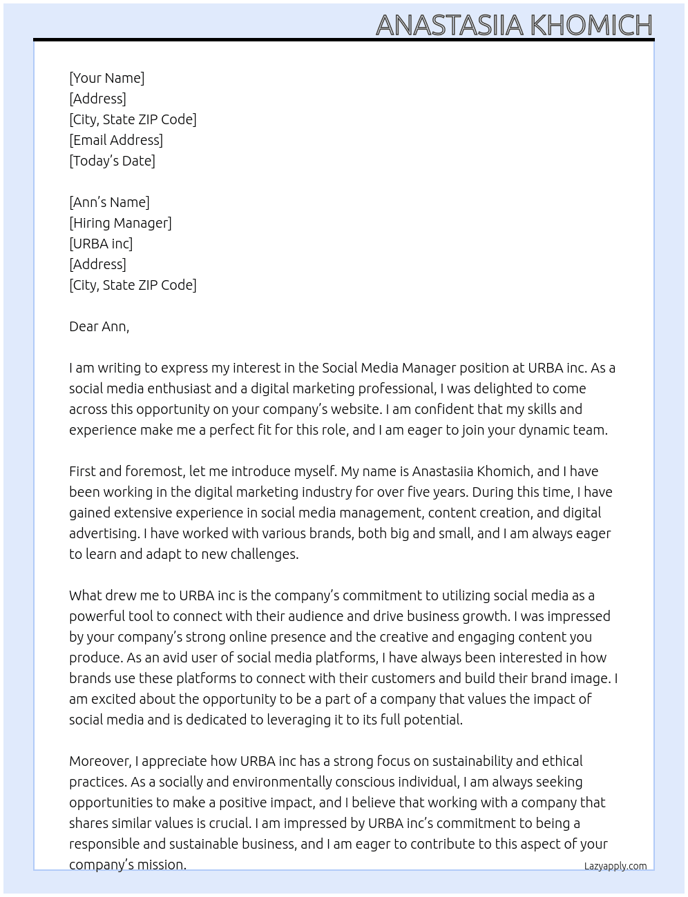Social Media Manager At URBA inc Cover Letter