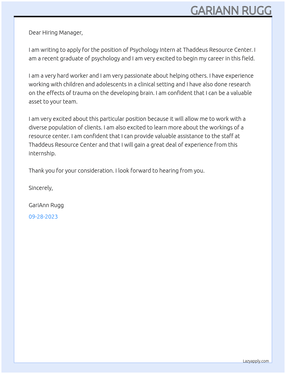 Psychology Intern At Thaddeus Resource Center Cover Letter