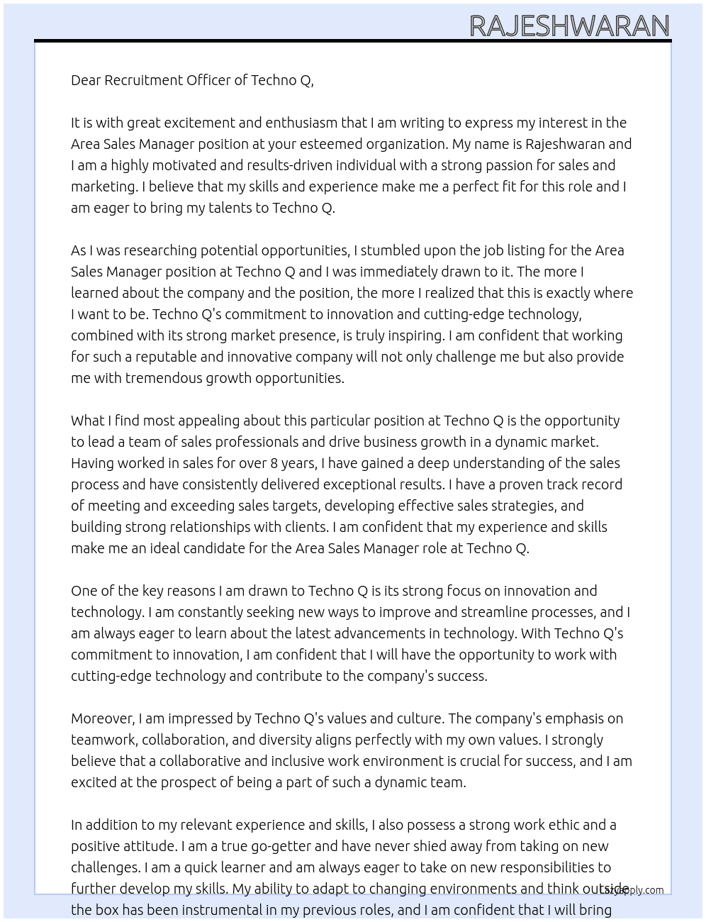 Area Sales Manager At Techno Q Cover Letter