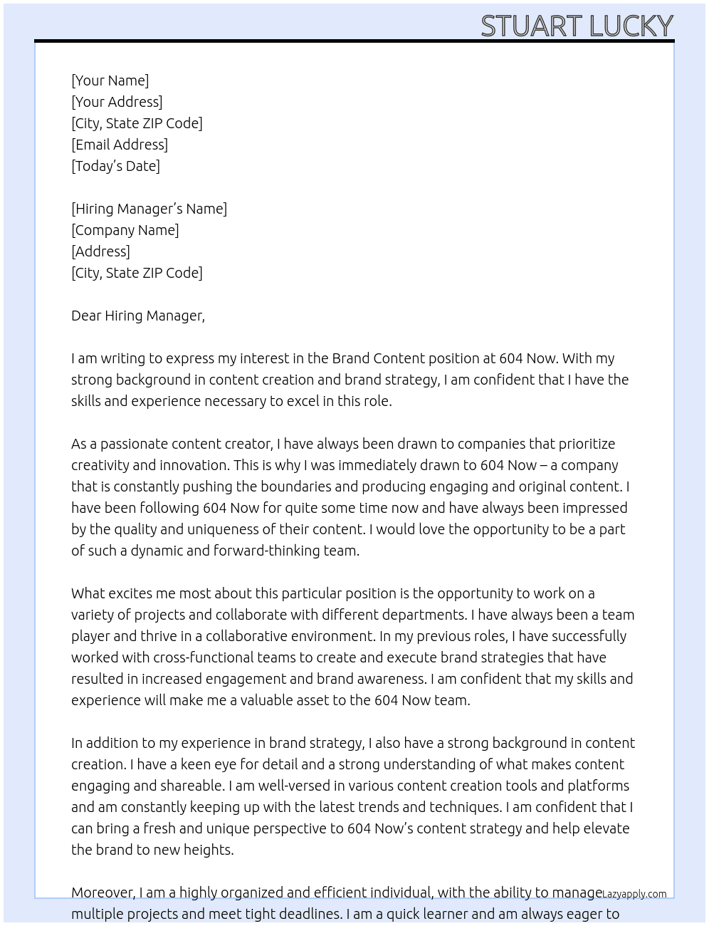 Brand Content At 604 Now Cover Letter