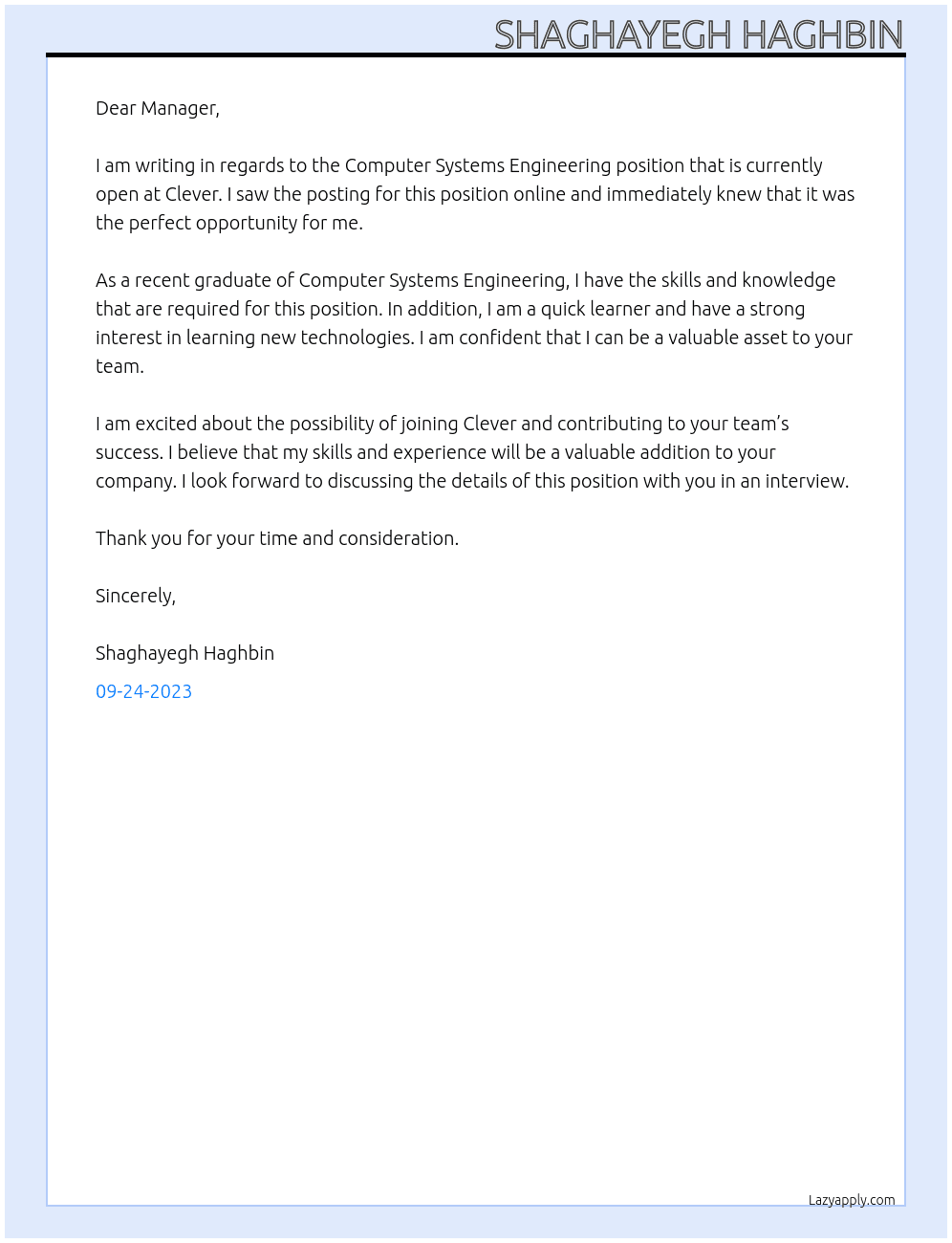 Computer Systems Engineering Fresh Graduate At Clever Cover Letter