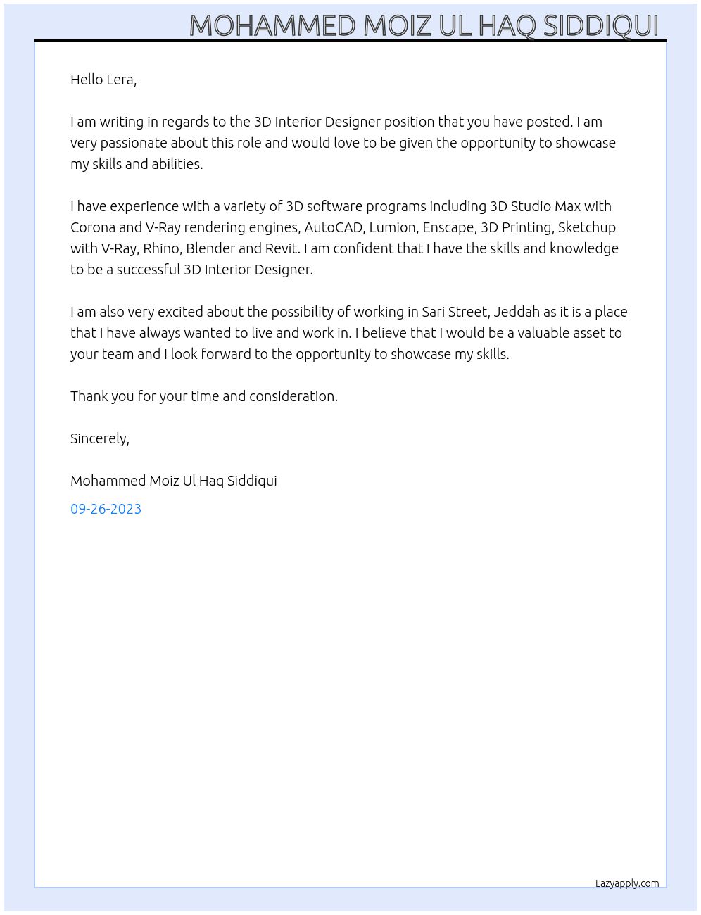 3D Interior Designer  At Lera Cover Letter