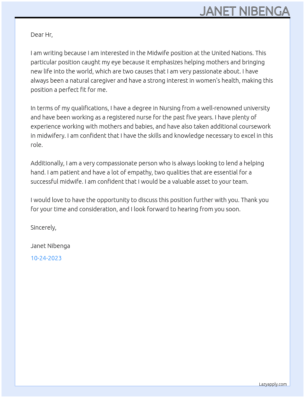 Midwife At United Nations  Cover Letter